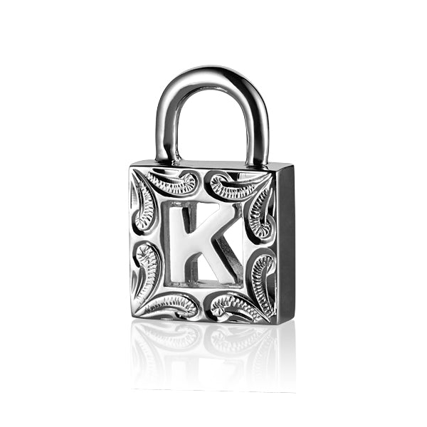 The picture is a sterling silver lock pendant with an engrave of the letter K. 