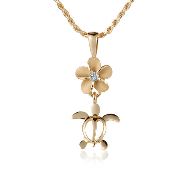 The photo is a 14K yellow gold 8mm plumeria pendant featuring a sea turtle charm with cubic zirconia.