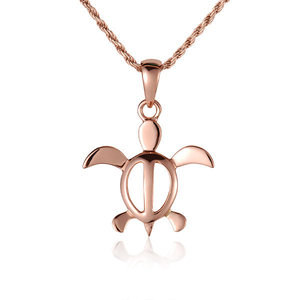 The picture is a 14K rose gold sea turtle pendant featuring an original design. 