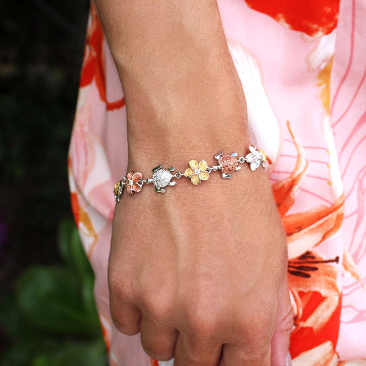 Tricolor Plumeria & Sea Turtle Frost Bracelet