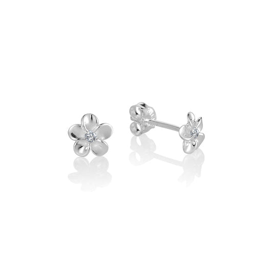 The photo shows a 6 mm pair of sterling silver plumeria stud earrings with cubic zirconia.