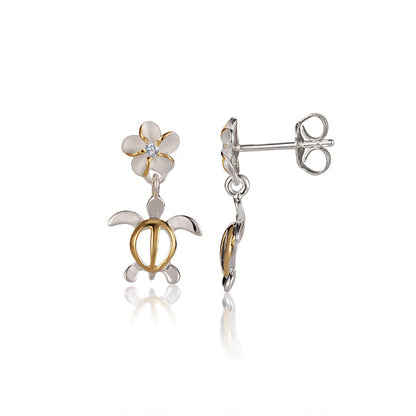 The photo shows a pair of two-tone yellow gold vermeil and sterling silver 6mm plumeria and sea turtle stud earrings.