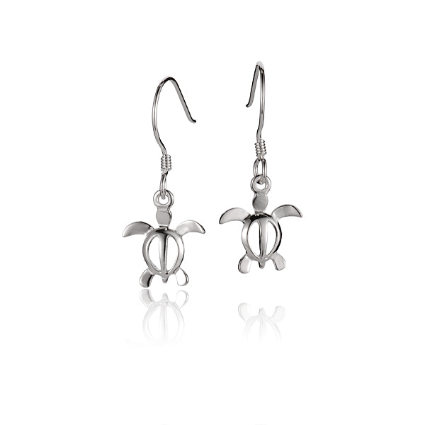 The picture has a pair of sterling silver sea turtle hook earrings. 