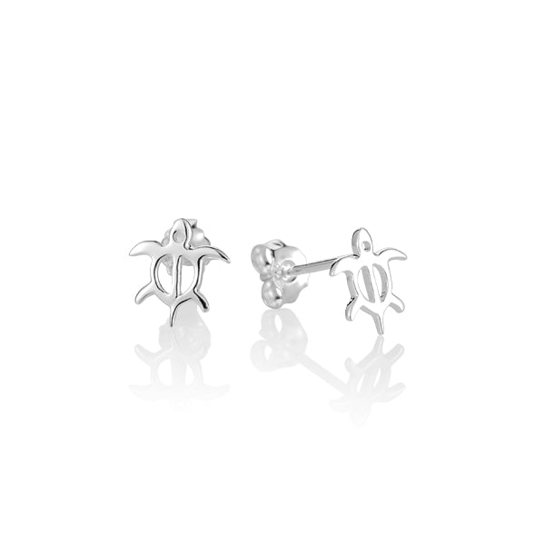 The photo shows a pair of white gold vermeil stud earrings featuring our sea turtle motif. 