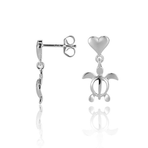 The photo shows a pair of sterling silver stud earrings featuring a sea turtle and heart motif. 