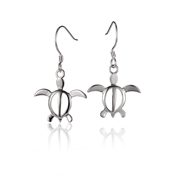 The picture has a small size pair of sterling silver sea turtle hook earrings. 