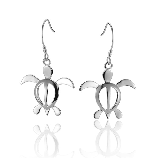 The picture has a pair of sterling silver sea turtle hook earrings. 