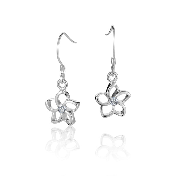 The photo shows a pair of sterling silver plumeria hook earrings with cubic zirconia in the center of the flower.