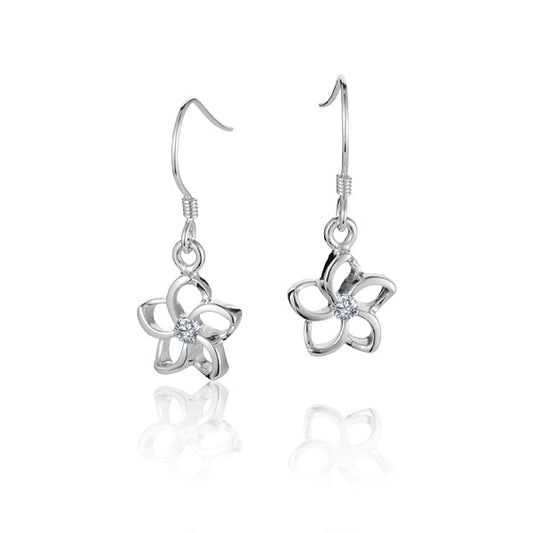 The photo shows a pair of sterling silver plumeria hook earrings with cubic zirconia in the center of the flower.