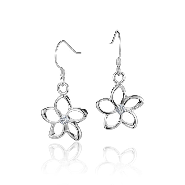 The picture is sterling silver plumeria hook earrings with cubic zirconia in the center of the flower.