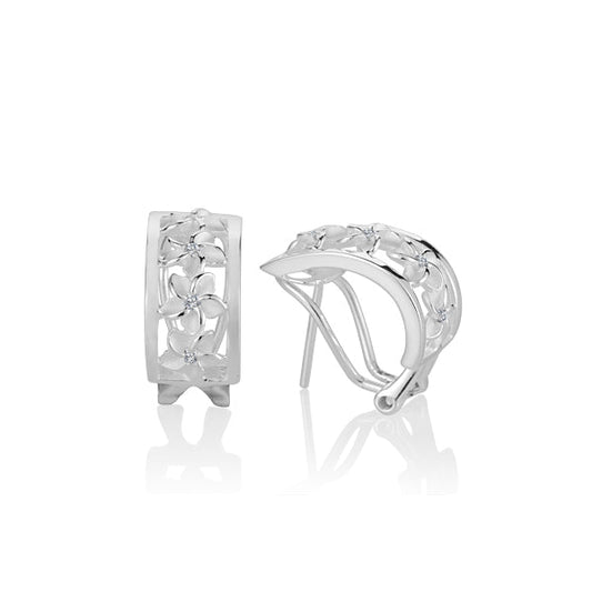The photo shows a pair of sterling silver plumeria matte clip earrings. 
