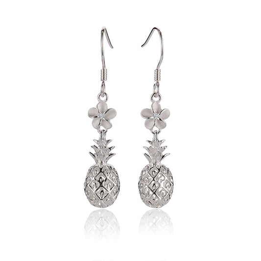 The photo shows a pair of sterling silver pineapple hook earrings featuring a plumeria design with a clear cubic zirconia gem.
