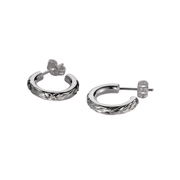 The photo shows a pair of sterling silver semi-hoop earrings with a flower engrave. 