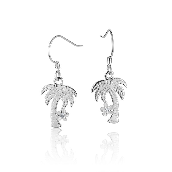 The photo shows a pair of sterling silver palm tree and flower hook earrings with cubic zirconia.