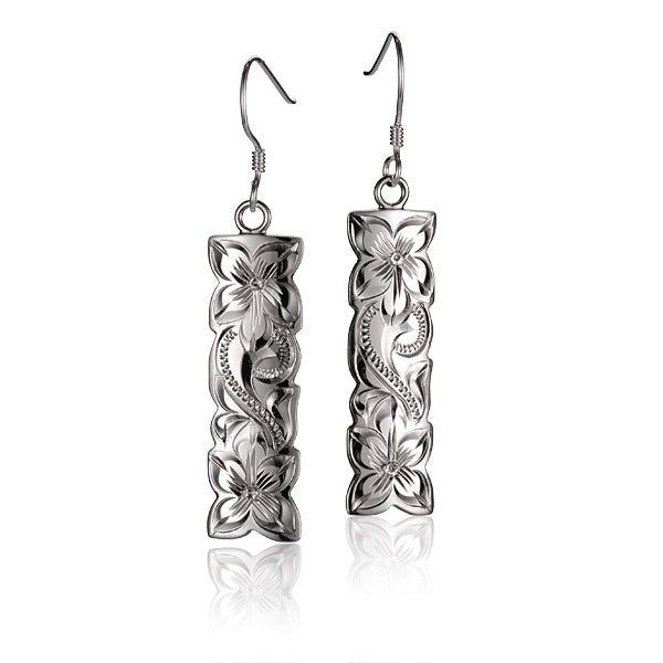 The photo shows a sterling silver pair of 10mm vertical hook earrings featuring a plumeria design. 