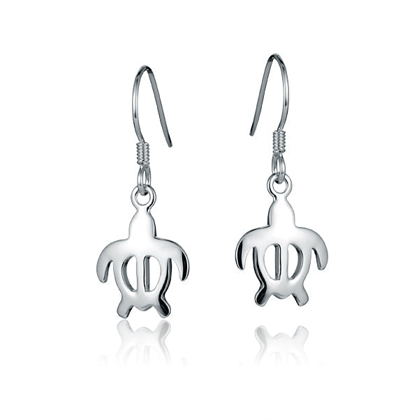 The photo shows a pair of sterling silver sea turtle hook earrings. 