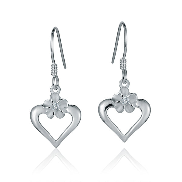 The pictures shows a pair of sterling silver heart earrings featuring a plumeria motif with cubic zirconia. 