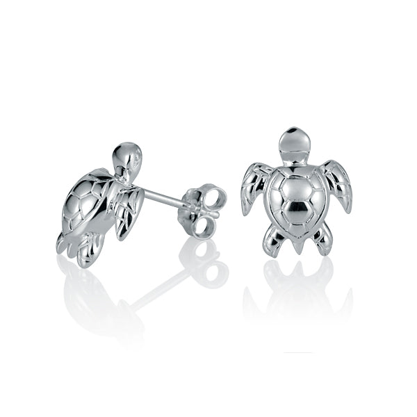 The photo shows a pair of sterling silver sea turtle stud earrings. 