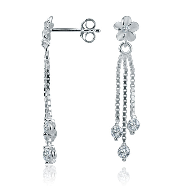The photo shows a pair of sterling silver plumeria earrings with three cubic zirconia gemstones. 