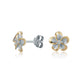 The photo shows a pair of yellow gold vermeil sterling silver rhodium plated plumeria stud earrings with cubic zirconia. 