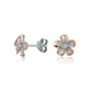 The picture shows a pair of rose gold vermeil sterling silver rhodium plated plumeria stud earrings with cubic zirconia. 