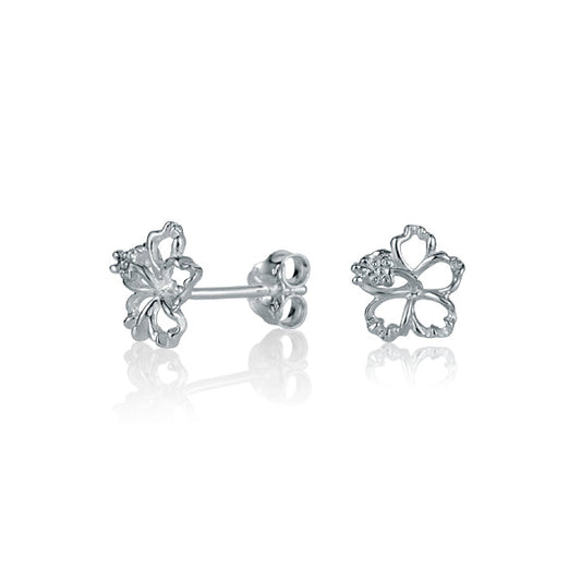 The photo is a pair of sterling silver hibiscus stud earrings with cubic zirconia. 