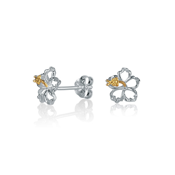 The photo is a pair of sterling silver hibiscus stud earrings with yellow gold vermeil details. 