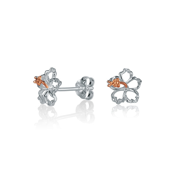 The photo is a pair of sterling silver hibiscus stud earrings with rose gold vermeil details. 