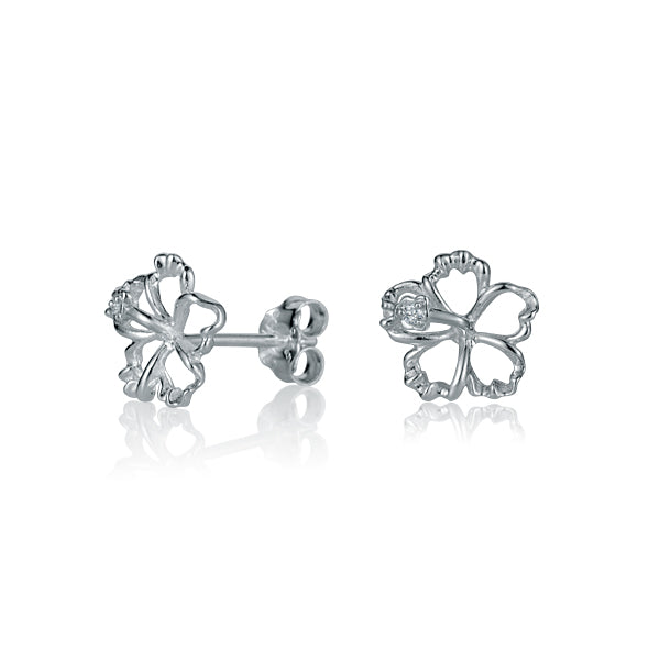 The photo is a pair of sterling silver hibiscus stud earrings with cubic zirconia. 
