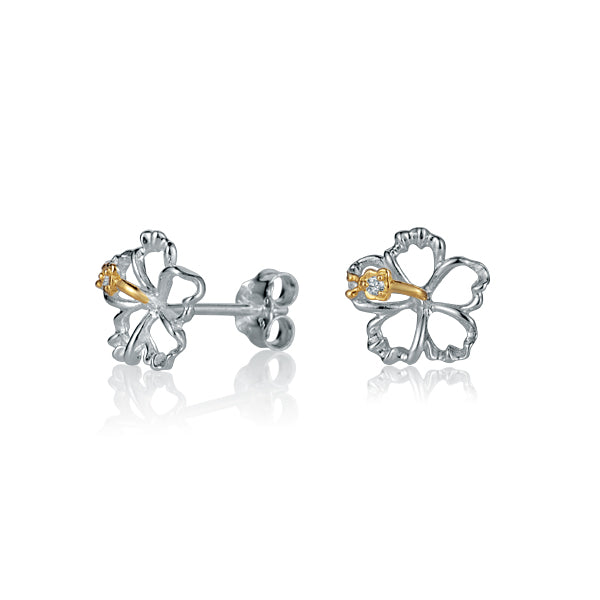 The photo is a pair of sterling silver hibiscus stud earrings with yellow gold vermeil details. 