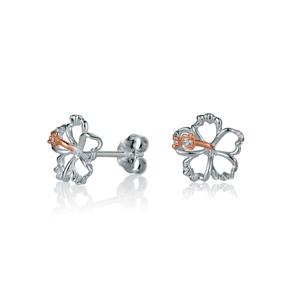 The photo is a pair of sterling silver hibiscus stud earrings with rose gold vermeil details. 