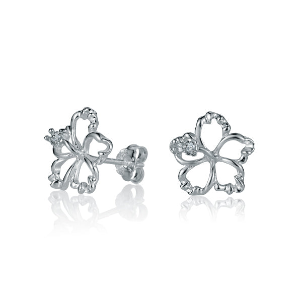 The photo is a pair of sterling silver hibiscus stud earrings with cubic zirconia.
