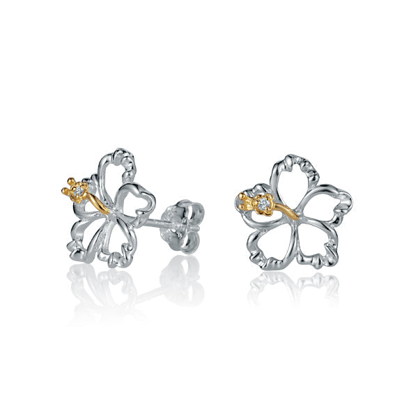 The photo is a pair of sterling silver hibiscus stud earrings with yellow gold vermeil details. 