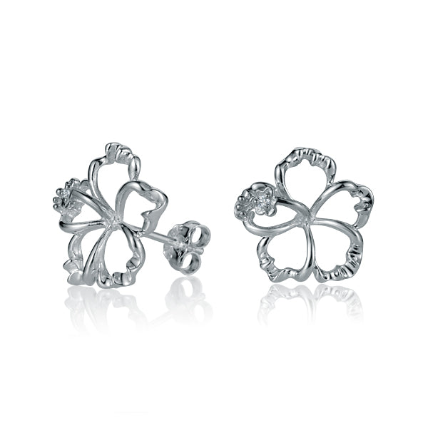 The photo is a pair of sterling silver hibiscus stud earrings with cubic zirconia.