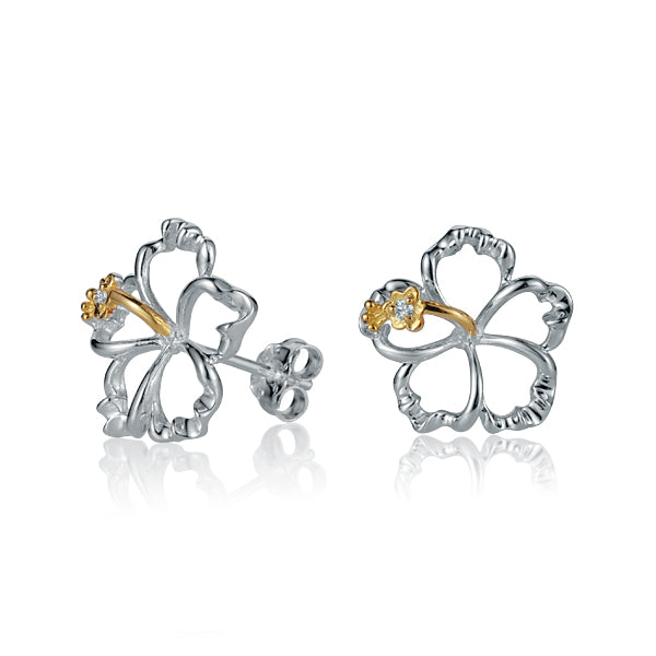 The photo is a pair of sterling silver hibiscus stud earrings with yellow gold vermeil details. 