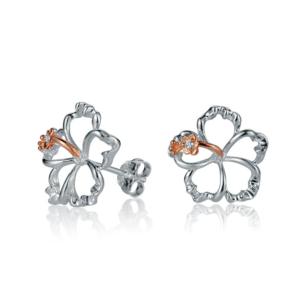 The photo is a pair of sterling silver hibiscus stud earrings with rose gold vermeil details. 