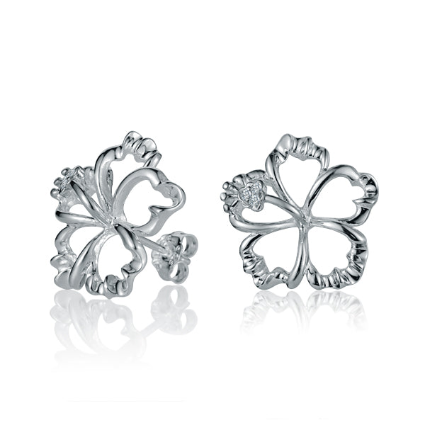 The photo is a pair of sterling silver hibiscus stud earrings with cubic zirconia.