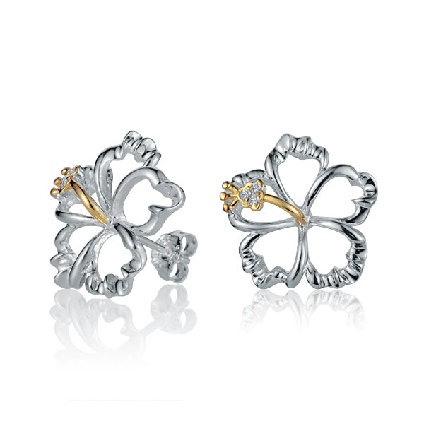 The photo is a pair of sterling silver hibiscus stud earrings with yellow gold vermeil details. 