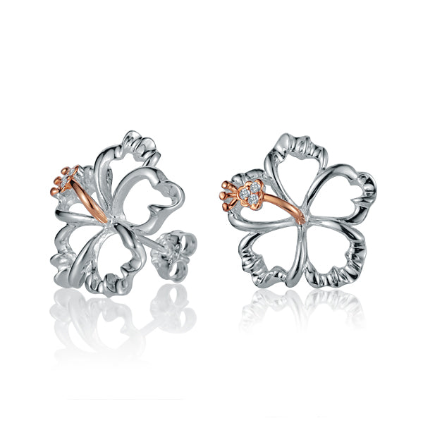 The photo is a pair of sterling silver hibiscus stud earrings with rose gold vermeil details. 