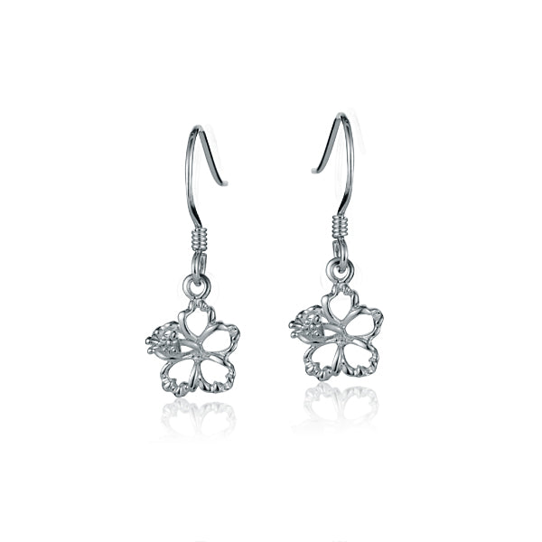 The picture is a pair of sterling silver hook hibiscus earrings with details in white gold vermeil and a clear eco-gem.