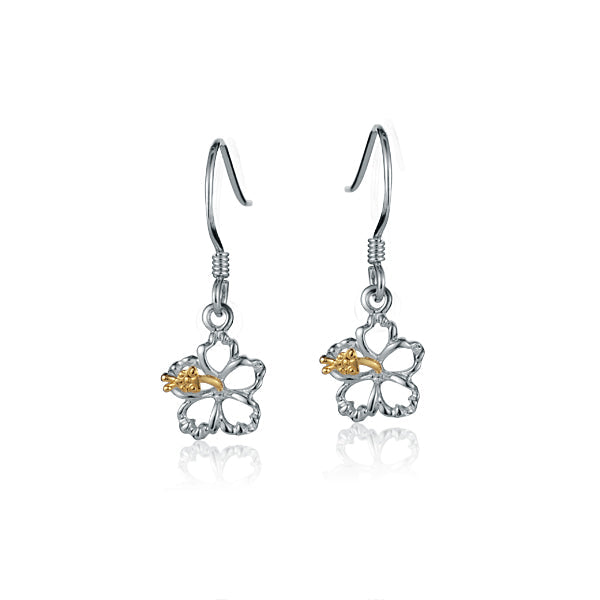 The photo shows a pair of sterling silver hook hibiscus earrings with details in yellow gold vermeil. 