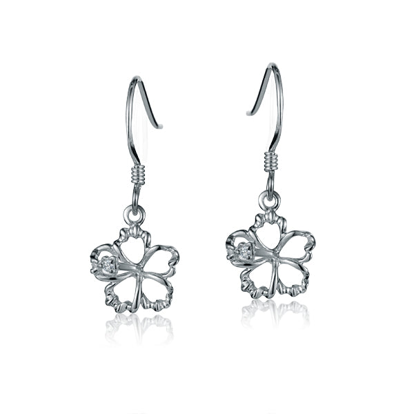 The picture is a pair of sterling silver hook hibiscus earrings with details in white gold vermeil and a clear eco-gem.