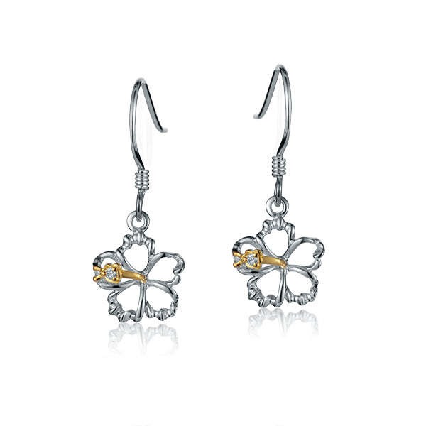 The photo shows a pair of sterling silver hook hibiscus earrings with details in yellow gold vermeil. 