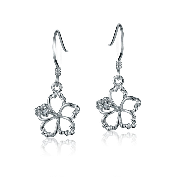 The picture is a pair of sterling silver hook hibiscus earrings with details in white gold vermeil featuring a clear eco-gem.