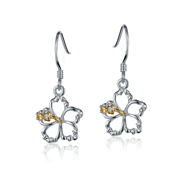 The photo shows a pair of sterling silver hook hibiscus earrings with details in yellow gold vermeil. 