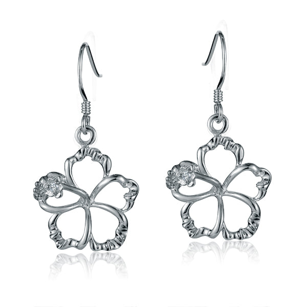 The picture is a pair of sterling silver hook hibiscus earrings with details in white gold vermeil and a clear eco-gem.