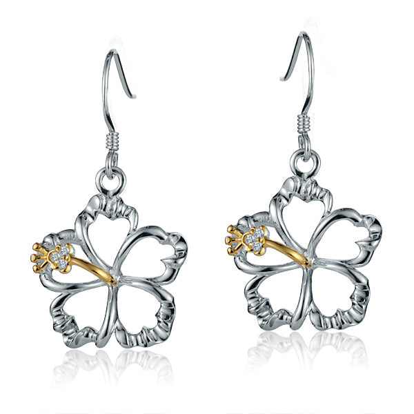 The pictures shows a big pair of sterling silver hook hibiscus earrings with details in yellow gold vermeil and a clear eco-gem.