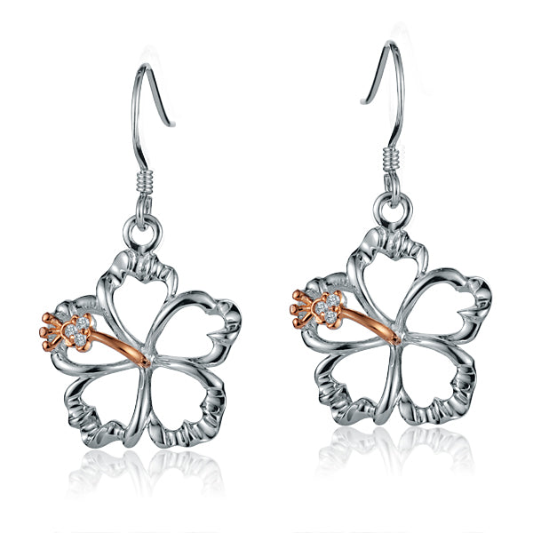 The photo shows a pair of sterling silver hook hibiscus earrings with details in rose gold vermeil and a clear eco-gem.