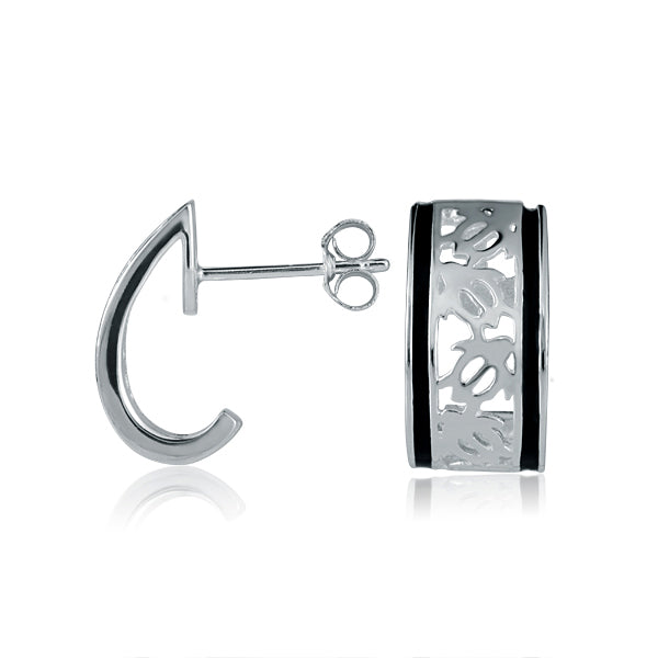 The photo shows a pair of sterling silver sea turtle stud earrings with black borders. 