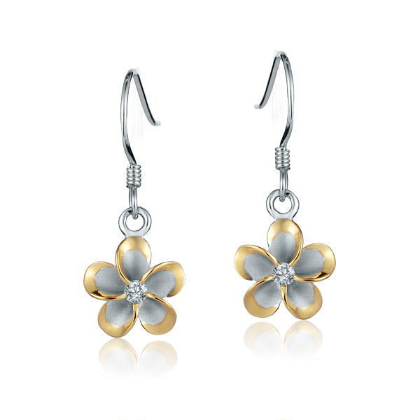 The picture is two-tone yellow and silver rhodium plated flower hook earrings with cubic zirconia. 